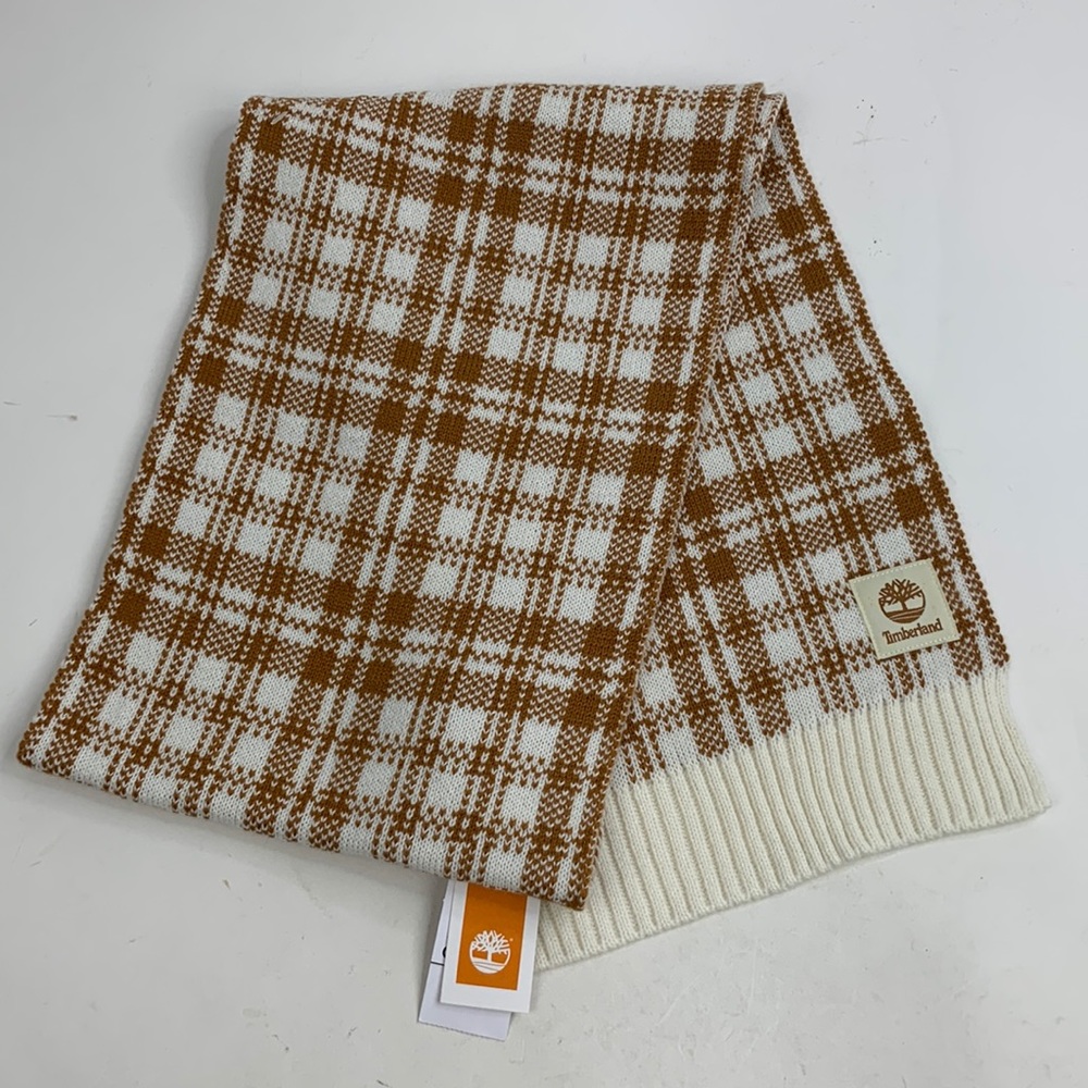 Timberland Plaid Knit Scarf Creme Tan New NWT Acrylic